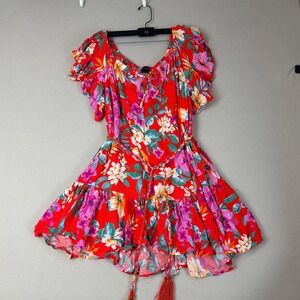Cynthia Rowley Red Floral Boho Mini Dress Tassel Tie Tiered Ruffle Womens Small